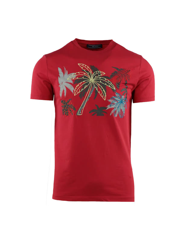 CREW NECK HALF SLEEVE WITH TROPICAL PRINT AND EMBROIDERY