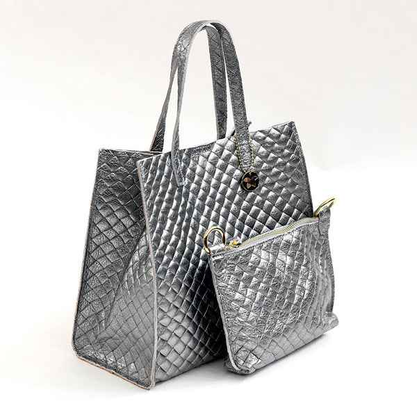 BALI - Borsa in pelle laminata stampa intreccio silver