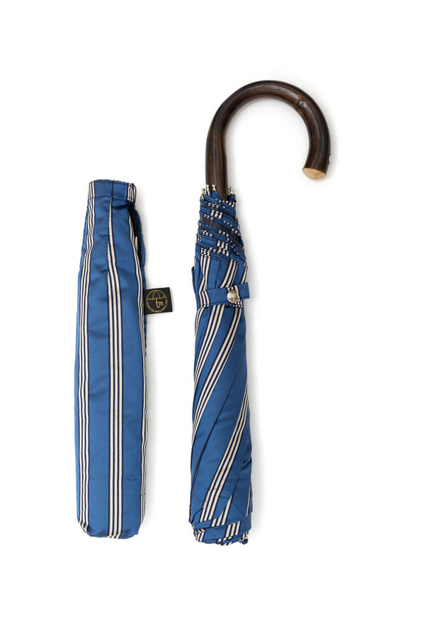 Mario Talarico folding umbrella, blue with stripes, chestnut handle