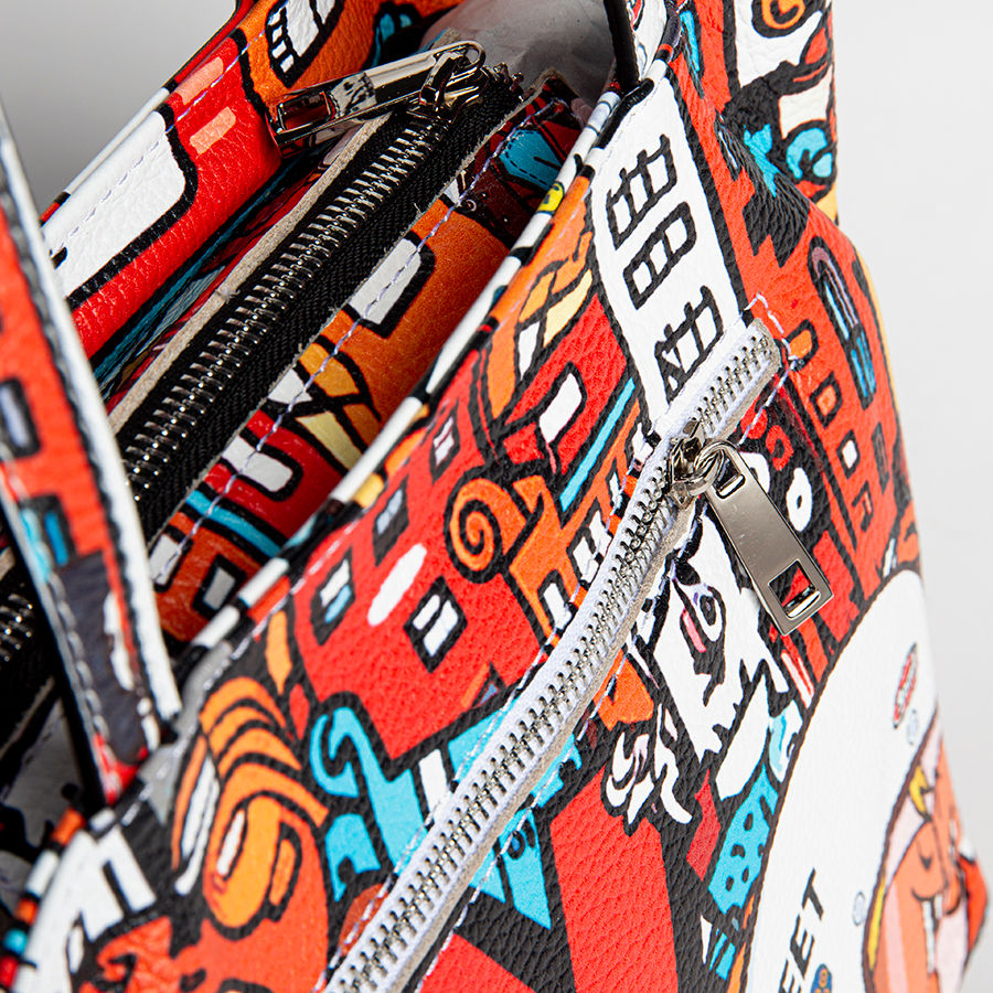 DOODLE - red screen printed leather shopping bag
