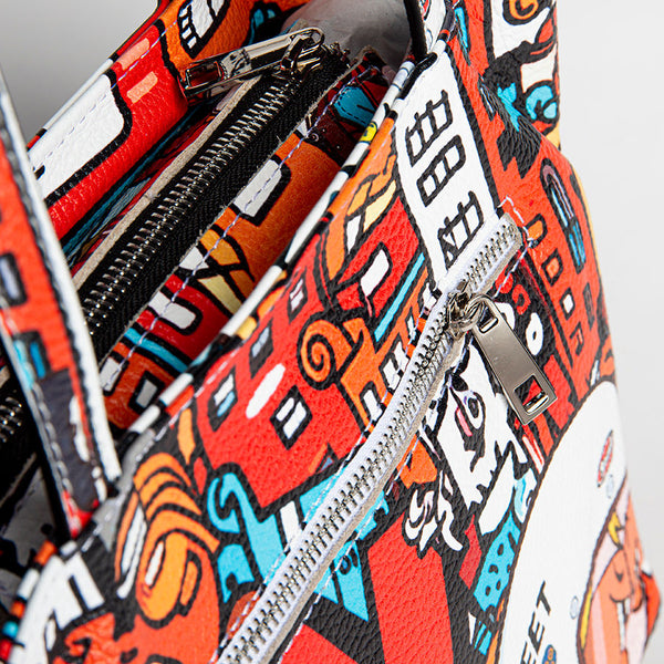 DOODLE - red screen printed leather shopping bag