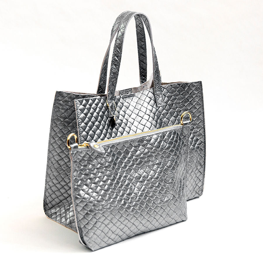 BALI BIG - Borsa in pelle laminata stampa intreccio silver