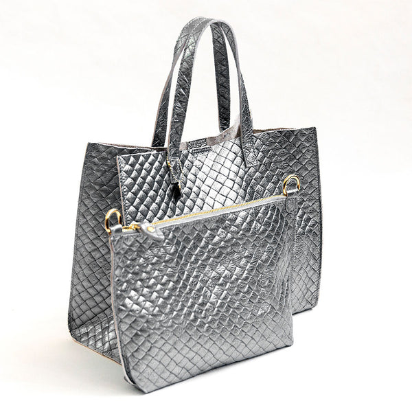 BALI BIG - Borsa in pelle laminata stampa intreccio silver