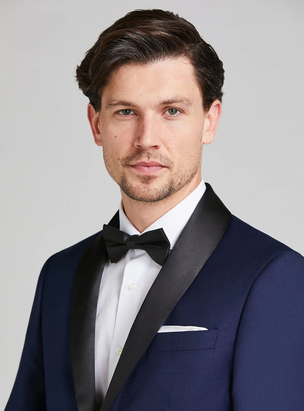 Blue formal dress with shawl lapel