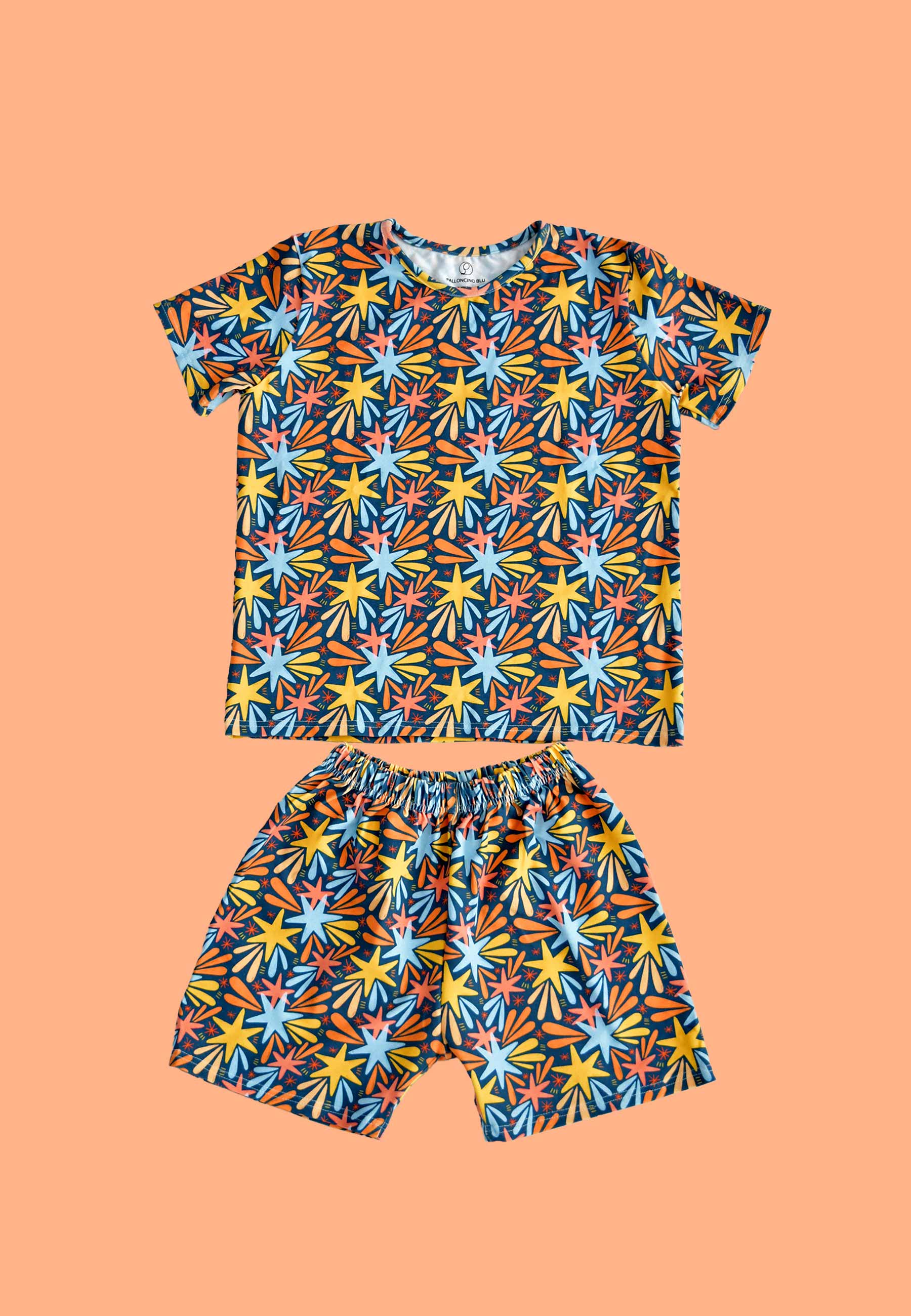 Two Piece Bamboo Pajamas - Stars and Fireworks - Blue Balloon