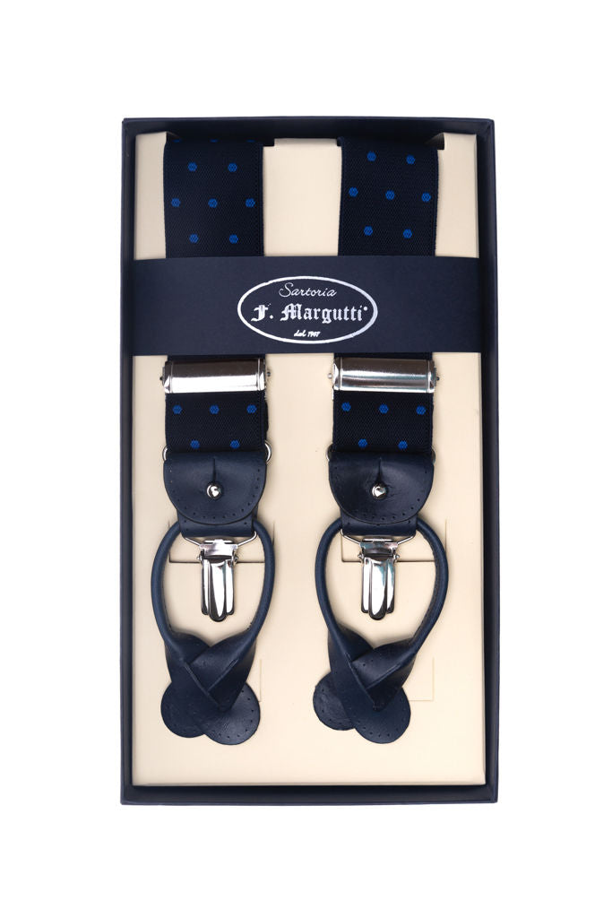 Blue braces with light blue polka dots