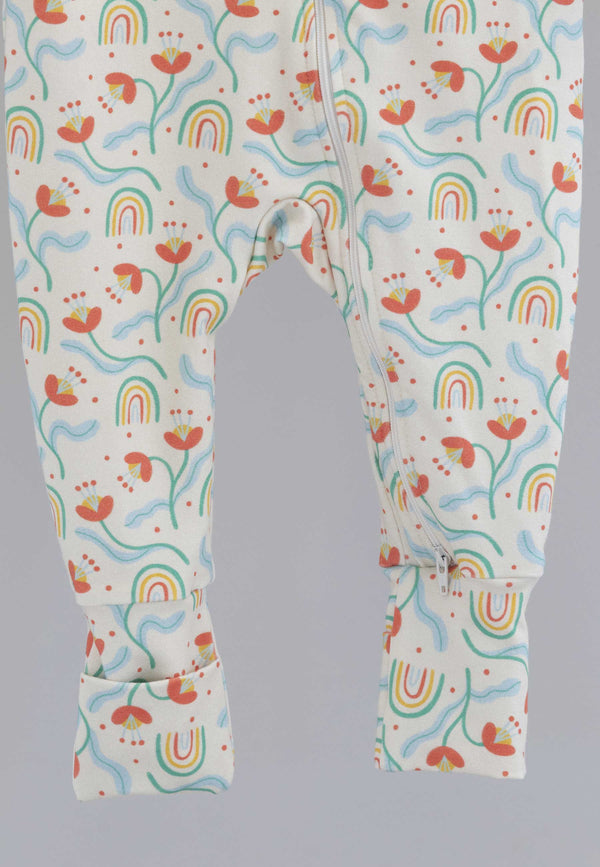 Tutina con zip in bambù - Fiori e arcobaleni - Palloncino blu
