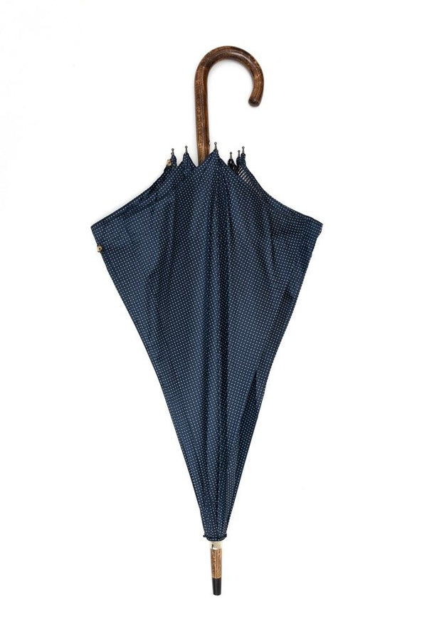 Mario Talarico blue umbrella with white polka dots in hickory wood