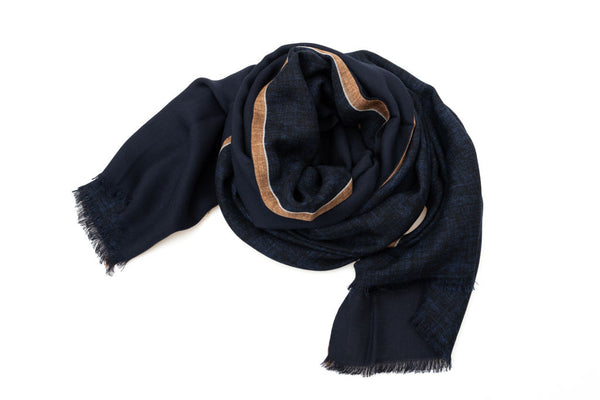 Double layer blue scarf with beige edge pure wool