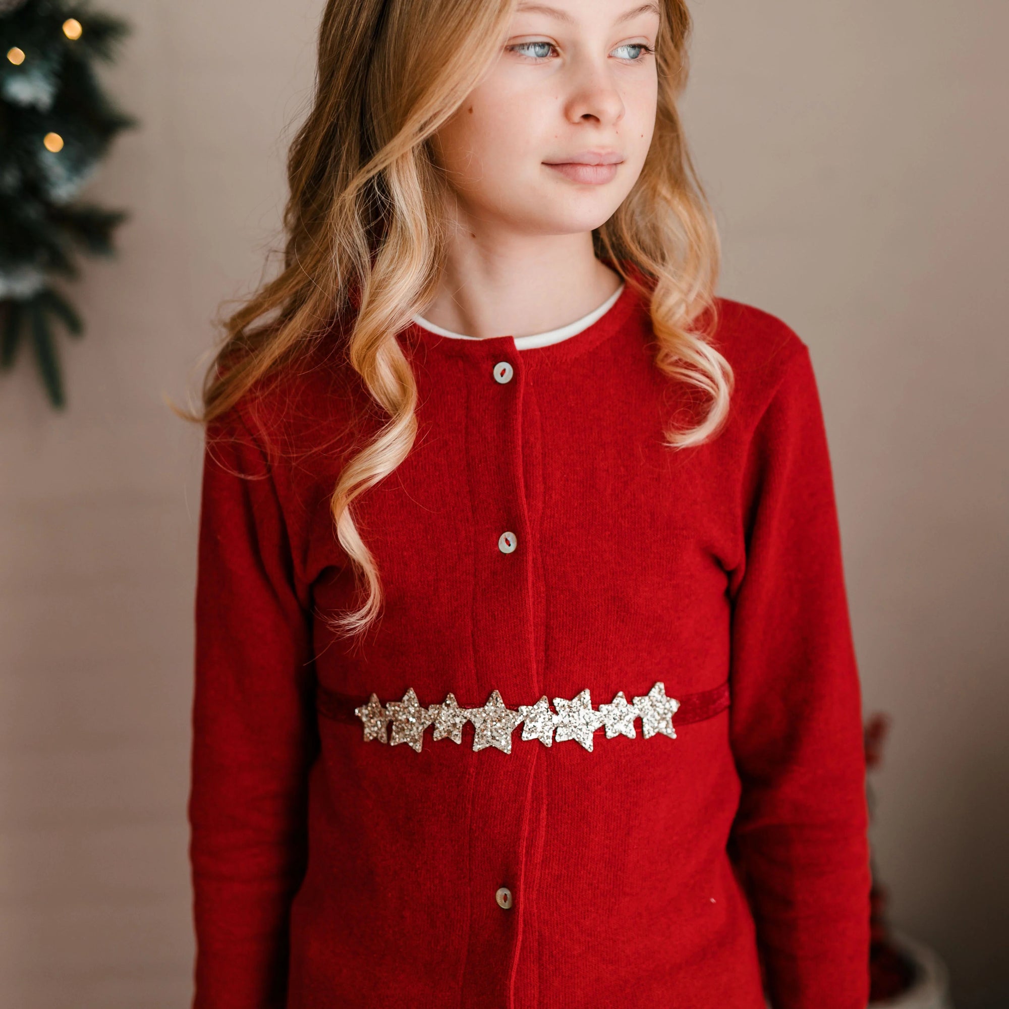 CARDIGAN IN CALDO COTONE ROSSO CON CINTURA STELLINE