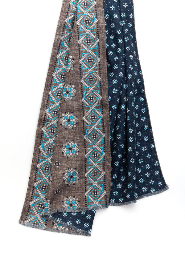 Brown and blue double face scarf pure silk