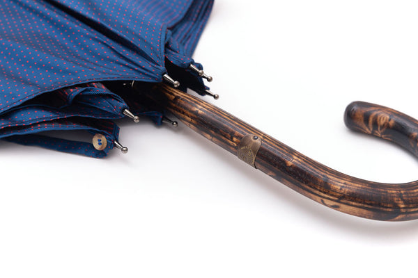Ombrello Mario Talarico blu a pois in legno di Hickory tigrato