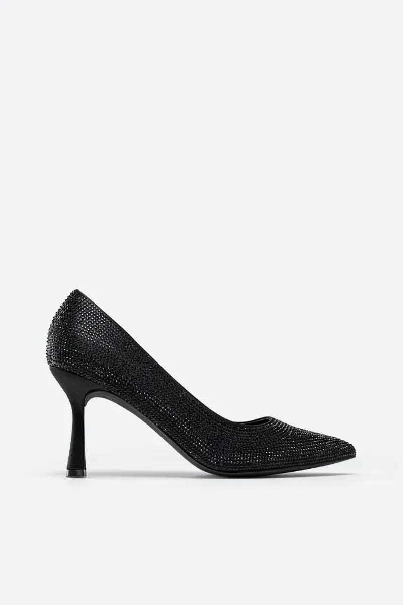 Miranda Pumps in Black Satin with Rhinestones