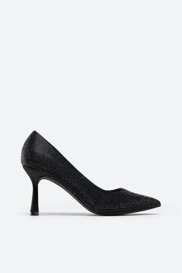 Miranda Pumps in Black Satin with Rhinestones
