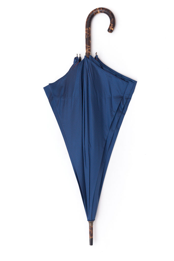 Ombrello Mario Talarico blu a pois in legno di Hickory tigrato