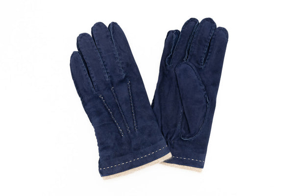 Guanti blu in pelle scamosciata interno beige