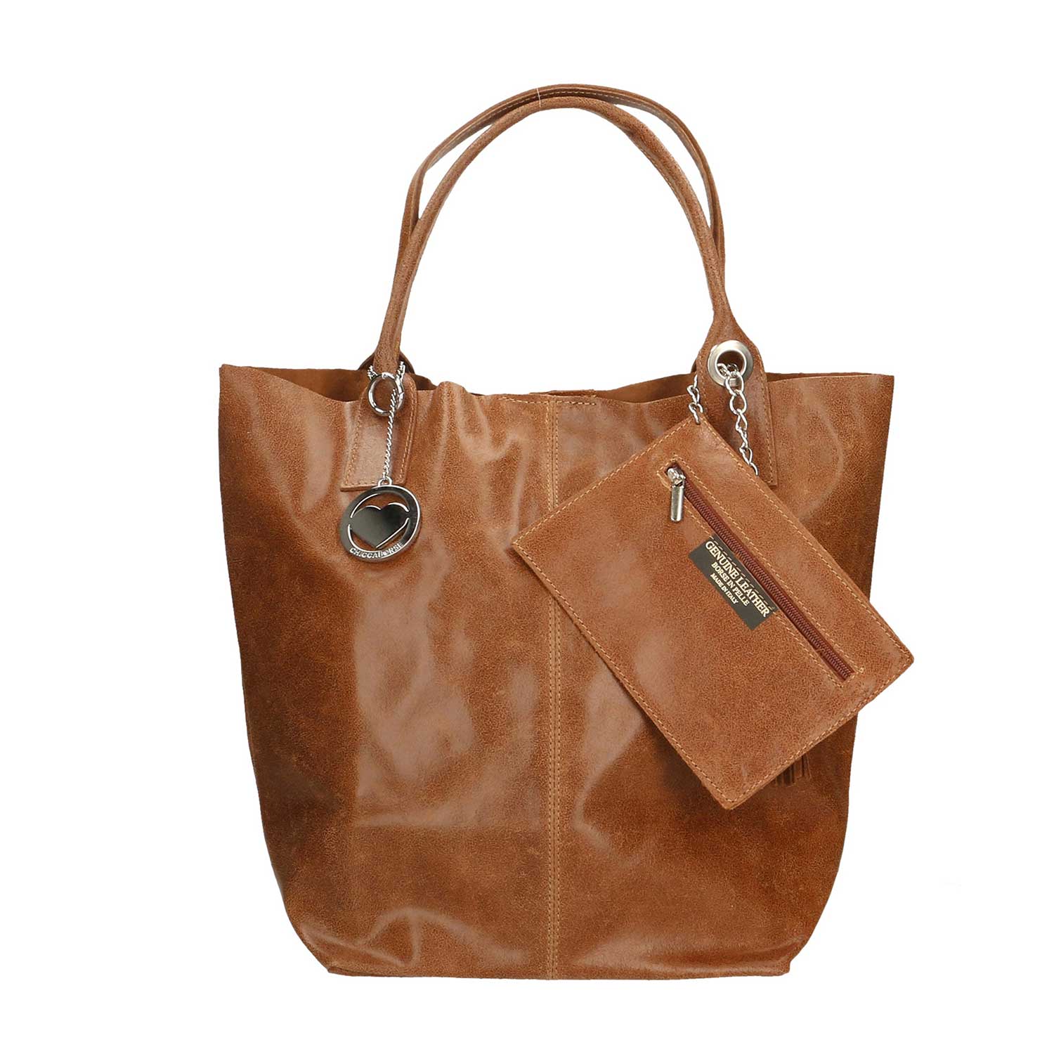 Women's Large Spatula Leather Shopper Bag with Clutch - 5190 