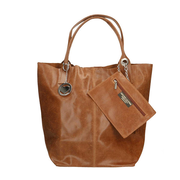 Women's Large Spatula Leather Shopper Bag with Clutch - 5190 