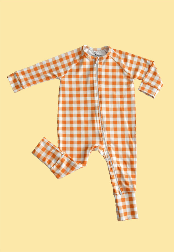 Tutina con zip in bambù - Foglie d'autunno - Palloncino blu