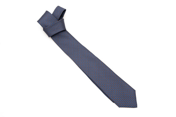 Cravatta blu con microfantasia marrone pura seta