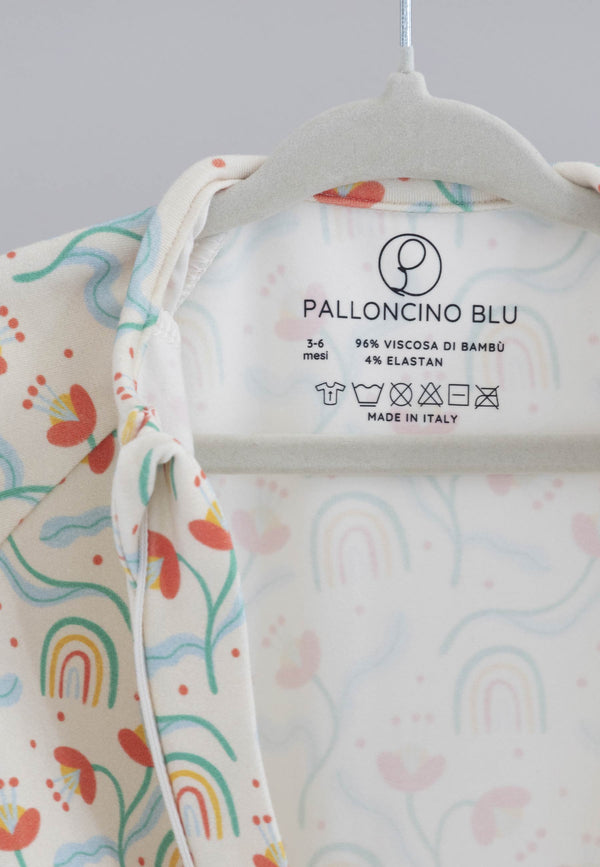 Tutina con zip in bambù - Fiori e arcobaleni - Palloncino blu