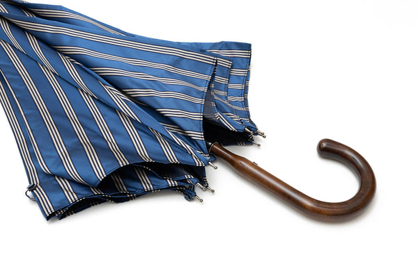 Mario Talarico umbrella, blue with white stripes, made of apple wood