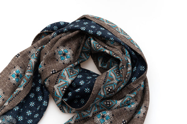 Brown and blue double face scarf pure silk