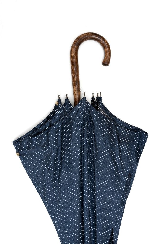 Mario Talarico blue umbrella with white polka dots in hickory wood