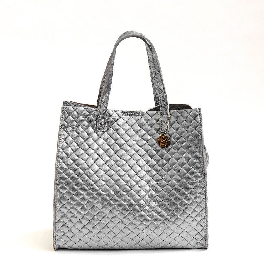 BALI - Borsa in pelle laminata stampa intreccio silver