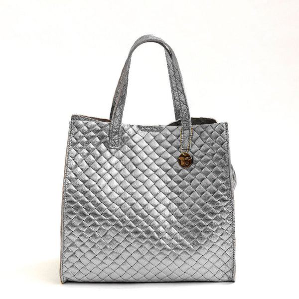 BALI - Borsa in pelle laminata stampa intreccio silver
