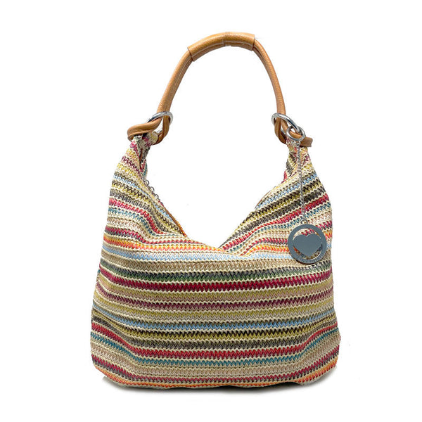 Women's Raffia and Leather Cross Handle Bag - Matera 5281. 