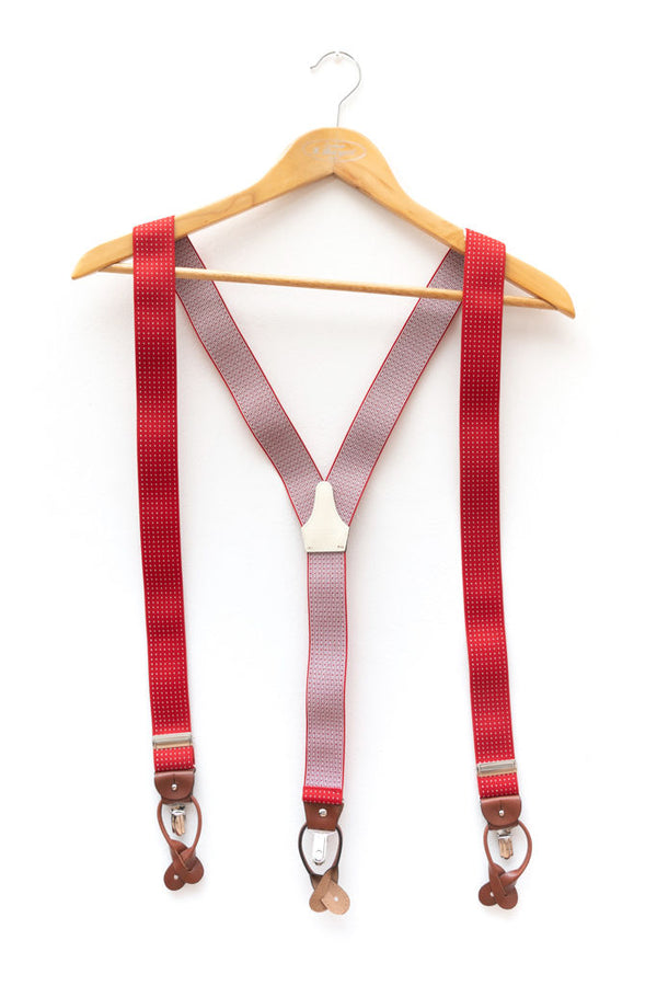 Red braces with white micro polka dots