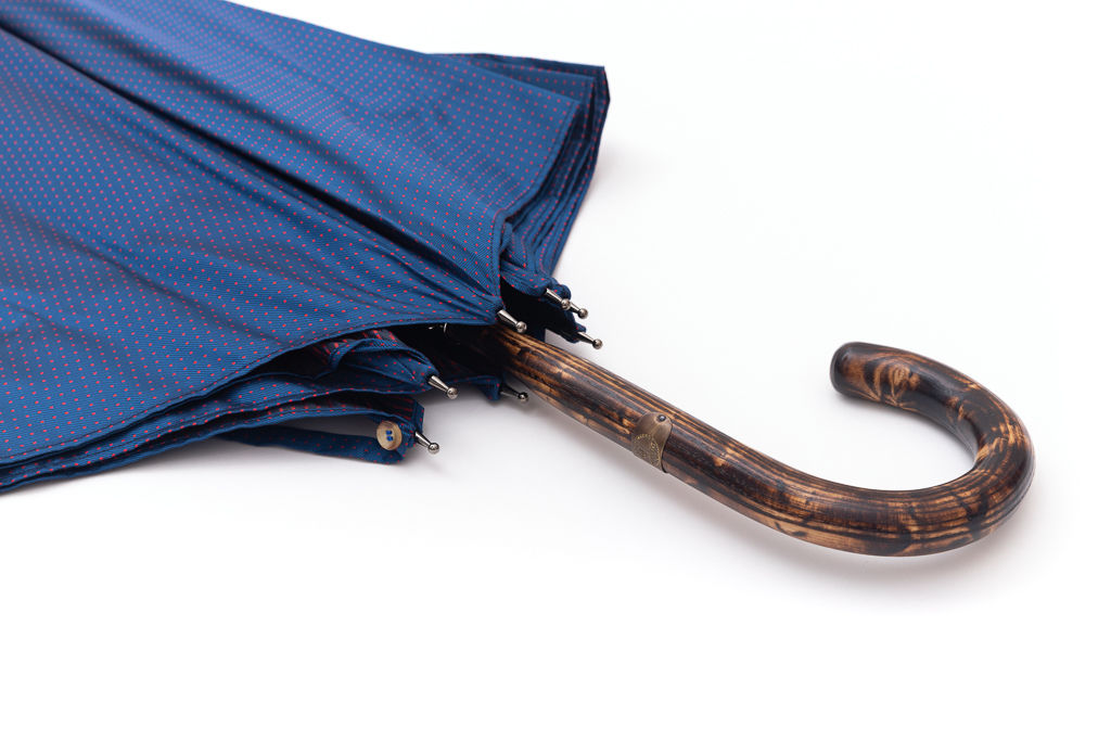 Ombrello Mario Talarico blu a pois in legno di Hickory tigrato