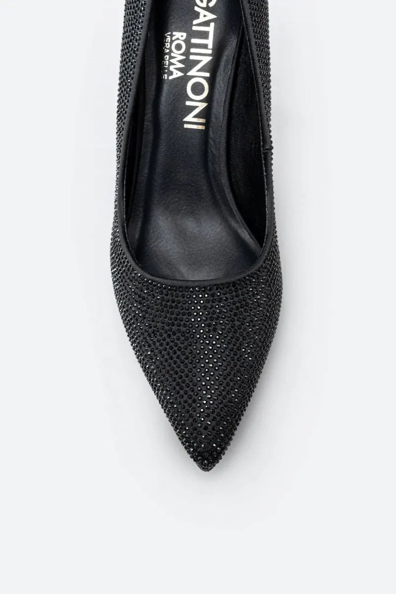 Miranda Pumps in Black Satin with Rhinestones