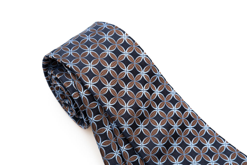 Midnight blue tie with brown and light blue geometry pure silk