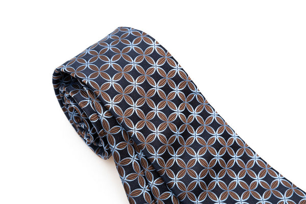 Midnight blue tie with brown and light blue geometry pure silk