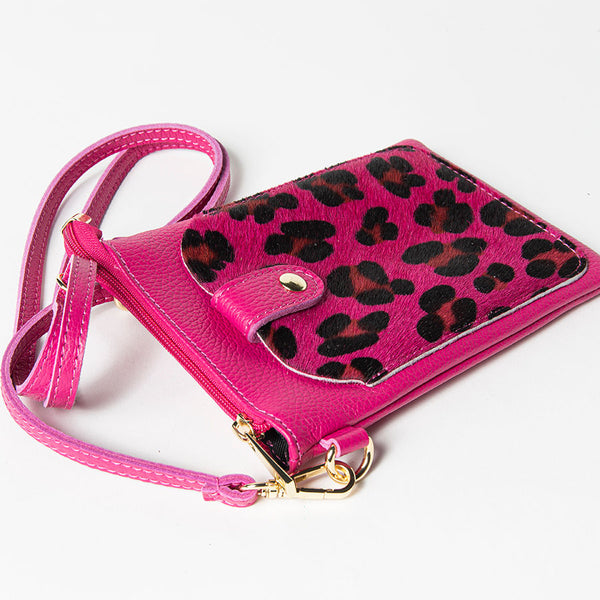 TINY - Fuchsia Leopard Print Pony Dollar Leather Cell Phone Case