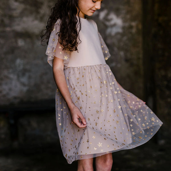 COMBINED DRESS WITH MILANO STITCH AND STAR TULLE