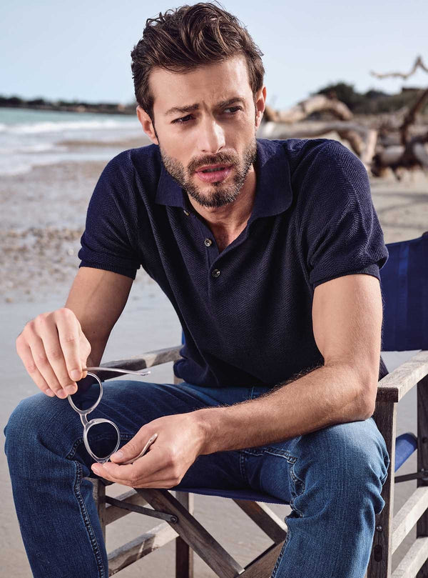 SHORT SLEEVE POLO SHIRT WITH HERRINGBONE PATTERN