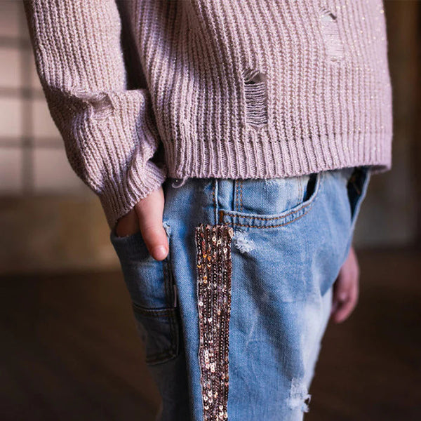 COTTON DENIM JEANS WITH SEQUINED BAND