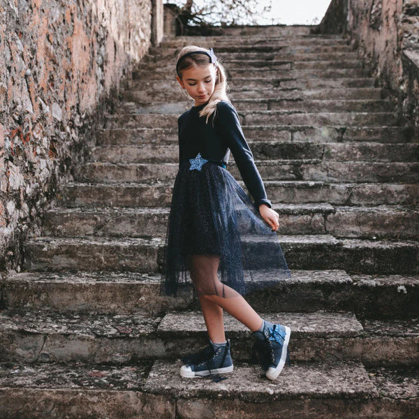 ABITO GONNA TULLE GLITTER BLU