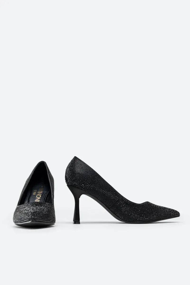 Miranda Pumps in Black Satin with Rhinestones