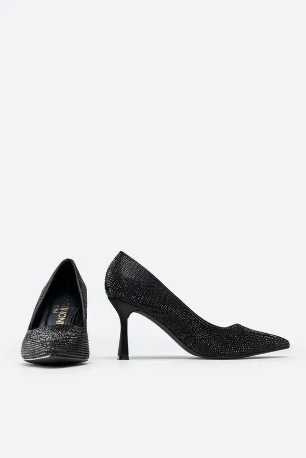 Miranda Pumps in Black Satin with Rhinestones