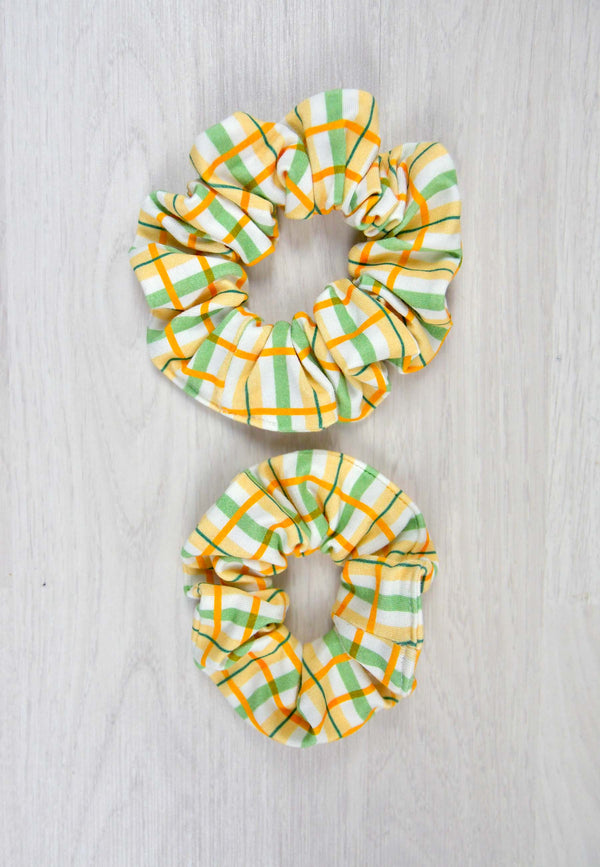 Chouchou (scrunchie) in bambù - Tartan prato fiorito - Palloncino blu