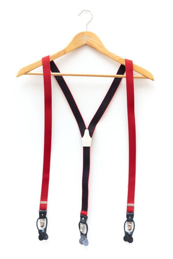 Red braces with blue micro polka dots