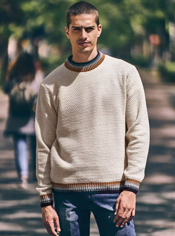 RICE GRAIN CREW NECK WITH STRIPED EDGES