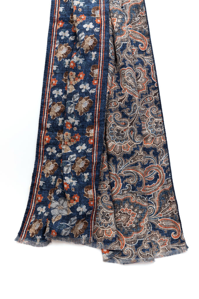 Sciarpa double face blu con fantasia pura seta