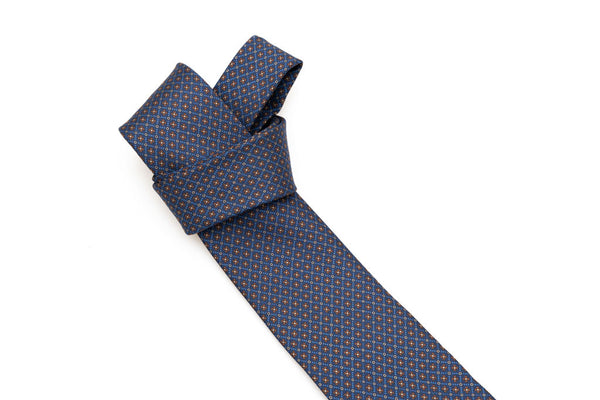 Cravatta blu con microfantasia marrone pura seta