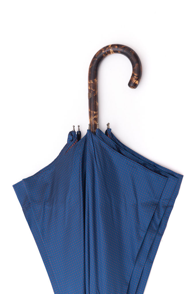 Ombrello Mario Talarico blu a pois in legno di Hickory tigrato