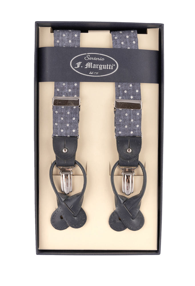 Blue suspenders with large polka dots